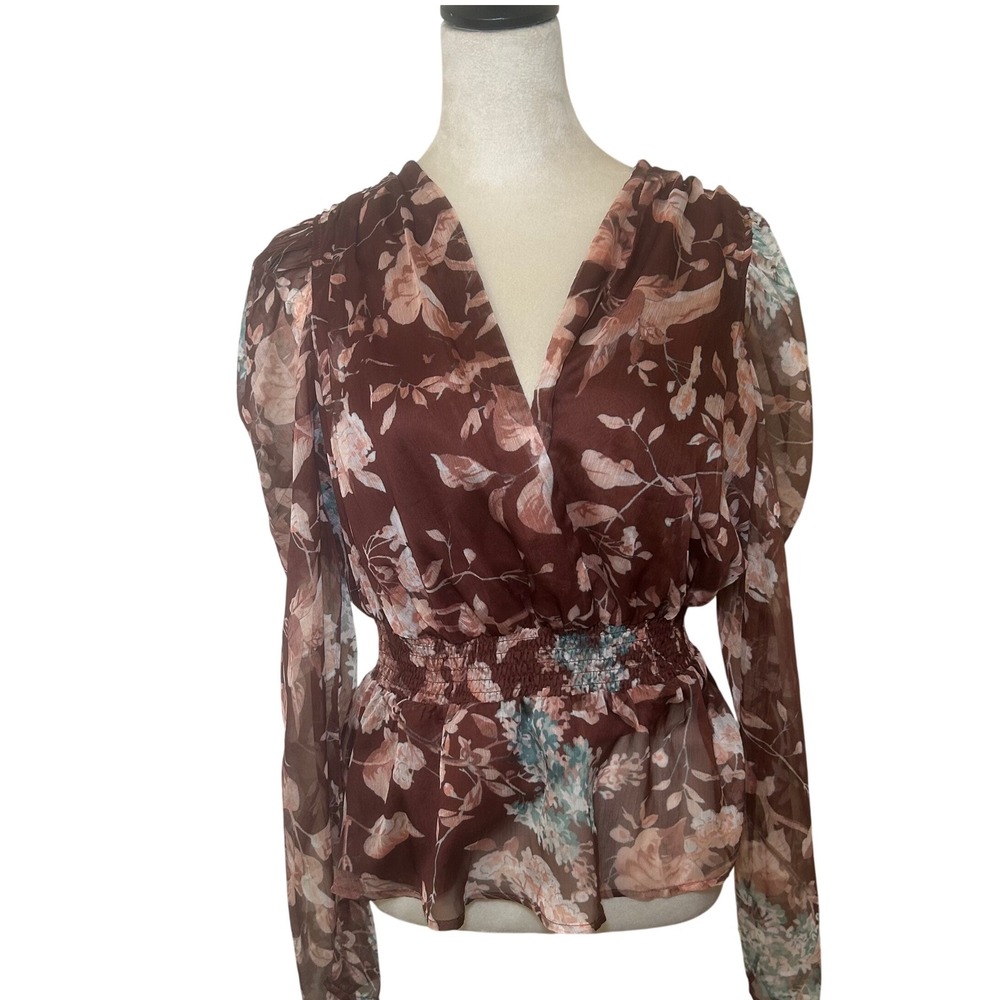 On Twelfth Brown Floral Smocked Peplum Top Long Sleeve V-Neck Large cottage boho